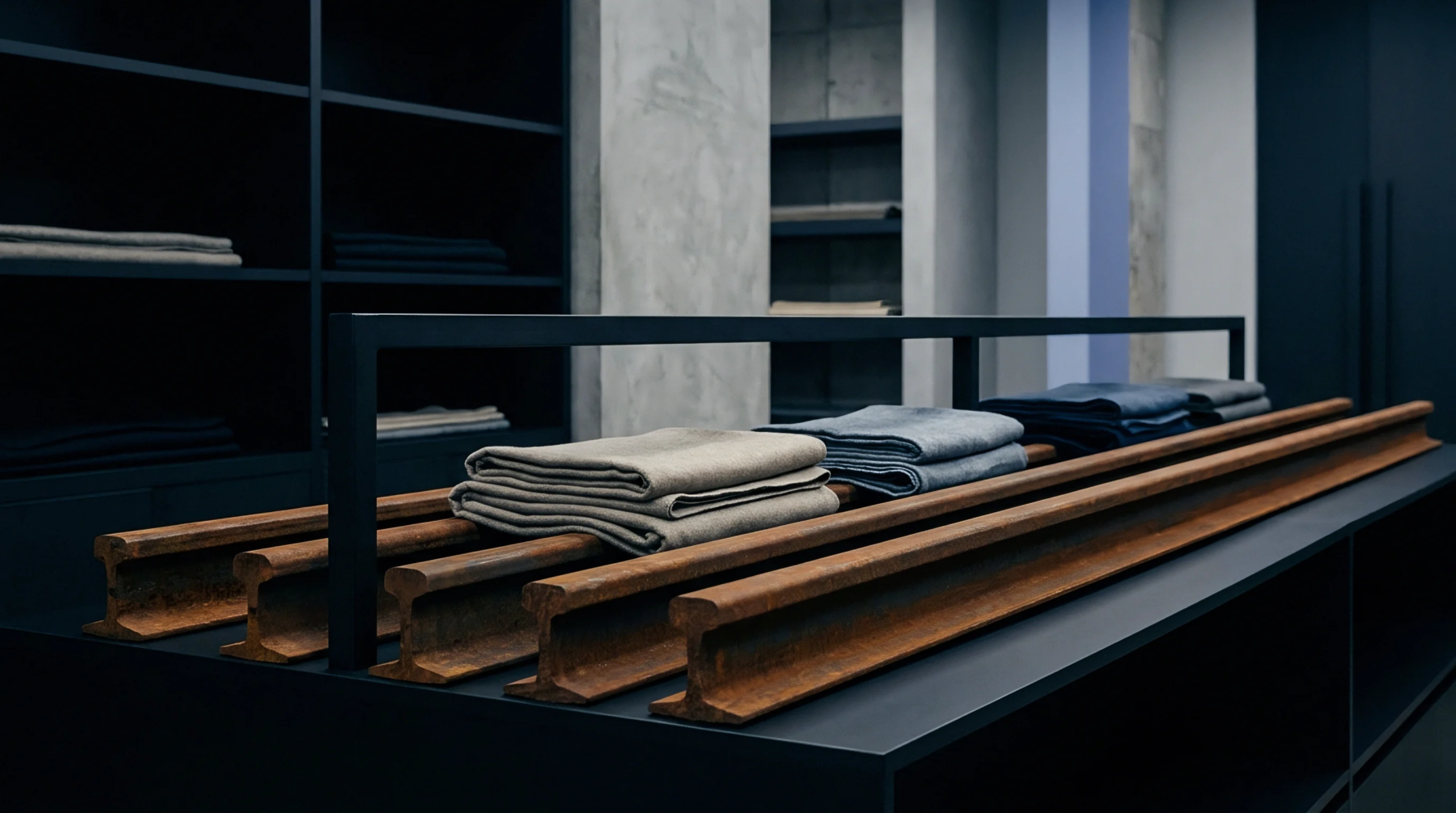 Oxidized steel rail segments support stacks of folded textile inventory within an industrial workspace shelving unit.