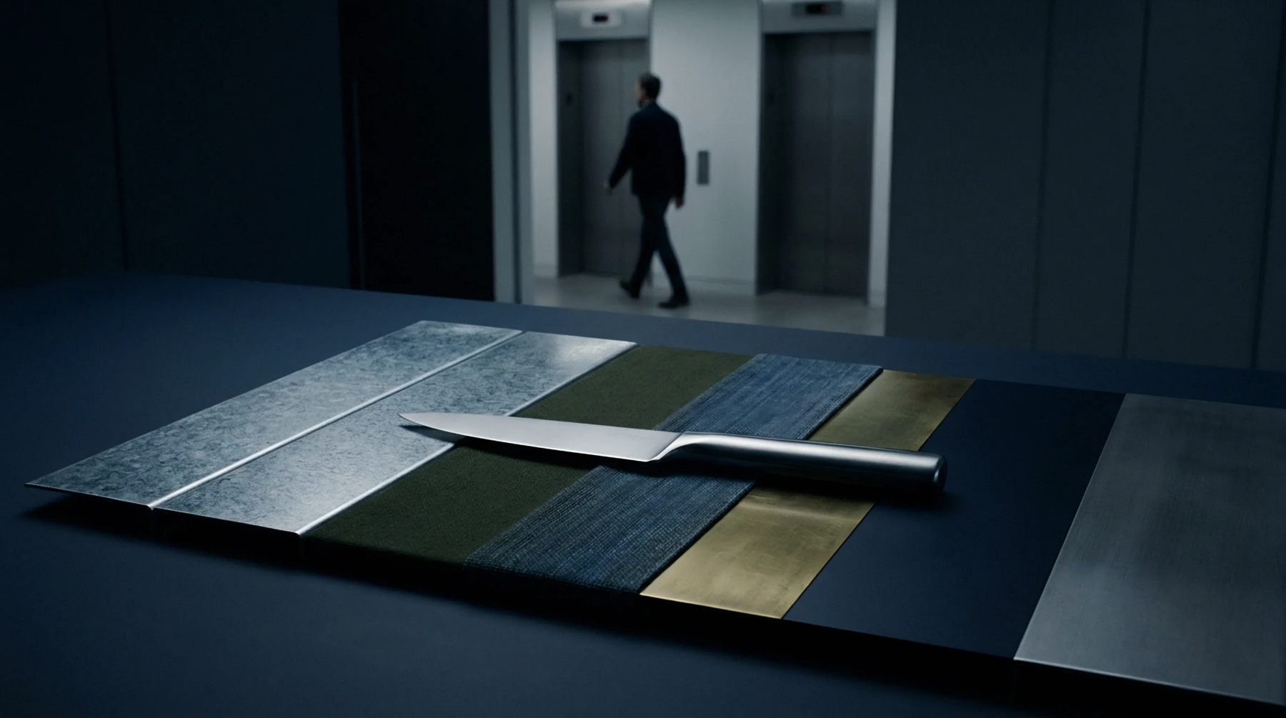 Various industrial material samples and a sleek utility knife rest on a dark table in a modern corporate setting.
