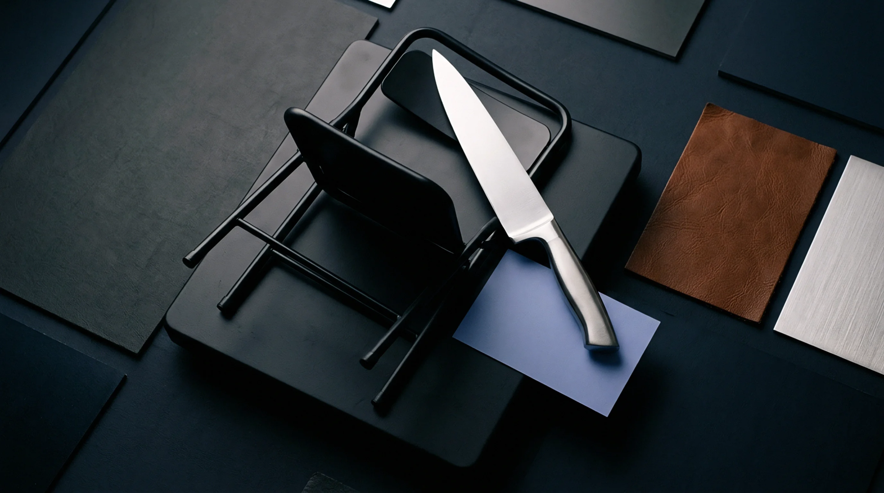 A steel utility knife rests on leather samples and composite materials next to a portable black frame on a dark workstation.