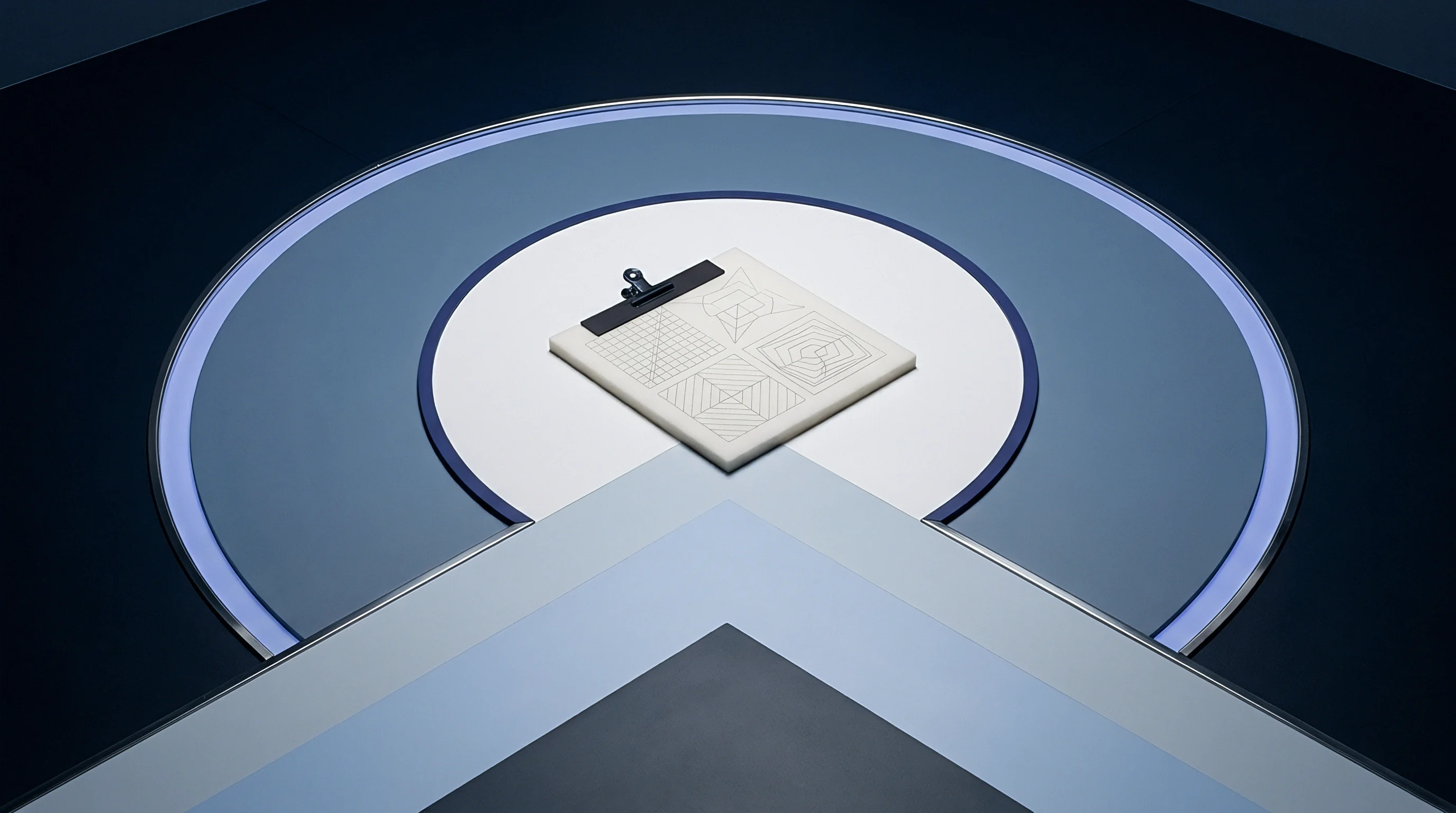 Four distinct geometric diagrams rest on a clipboard centered upon tiered blue circular platforms in this clean digital render.