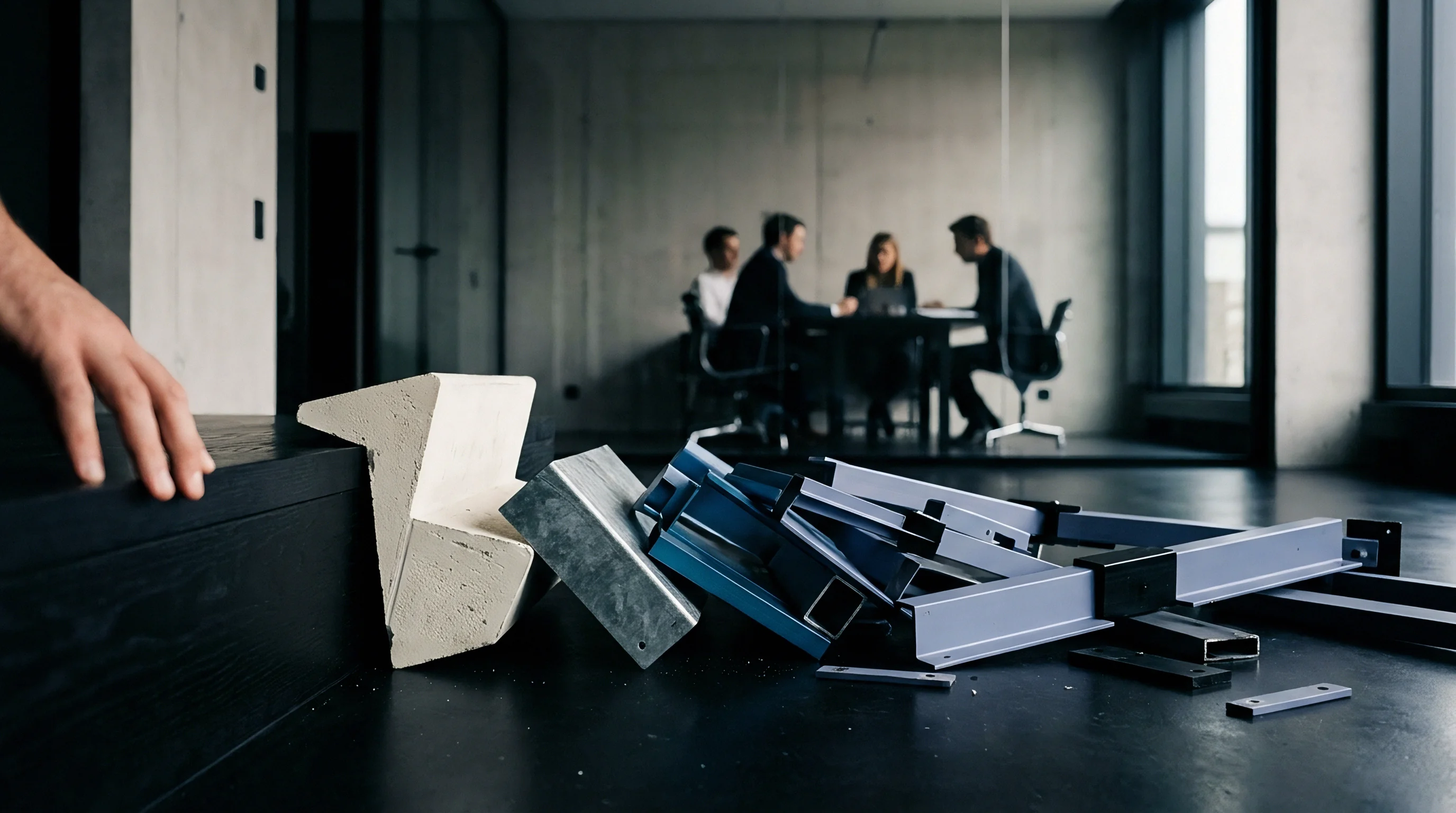 Raw structural profiles and precast concrete blocks rest in disarray across the dark floor of an industrial manufacturing facility workspace.