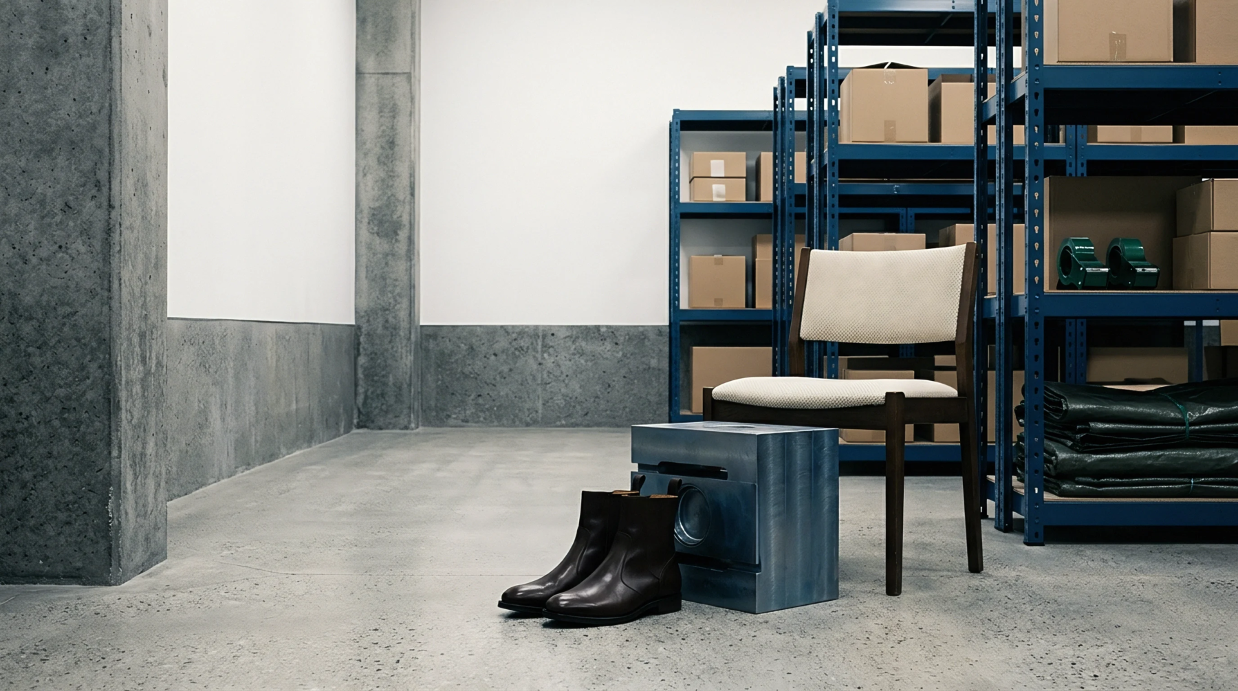 Organized industrial storage facilities, featuring blue metal shelving units filled with packaged goods and components, line a clean concrete environment.