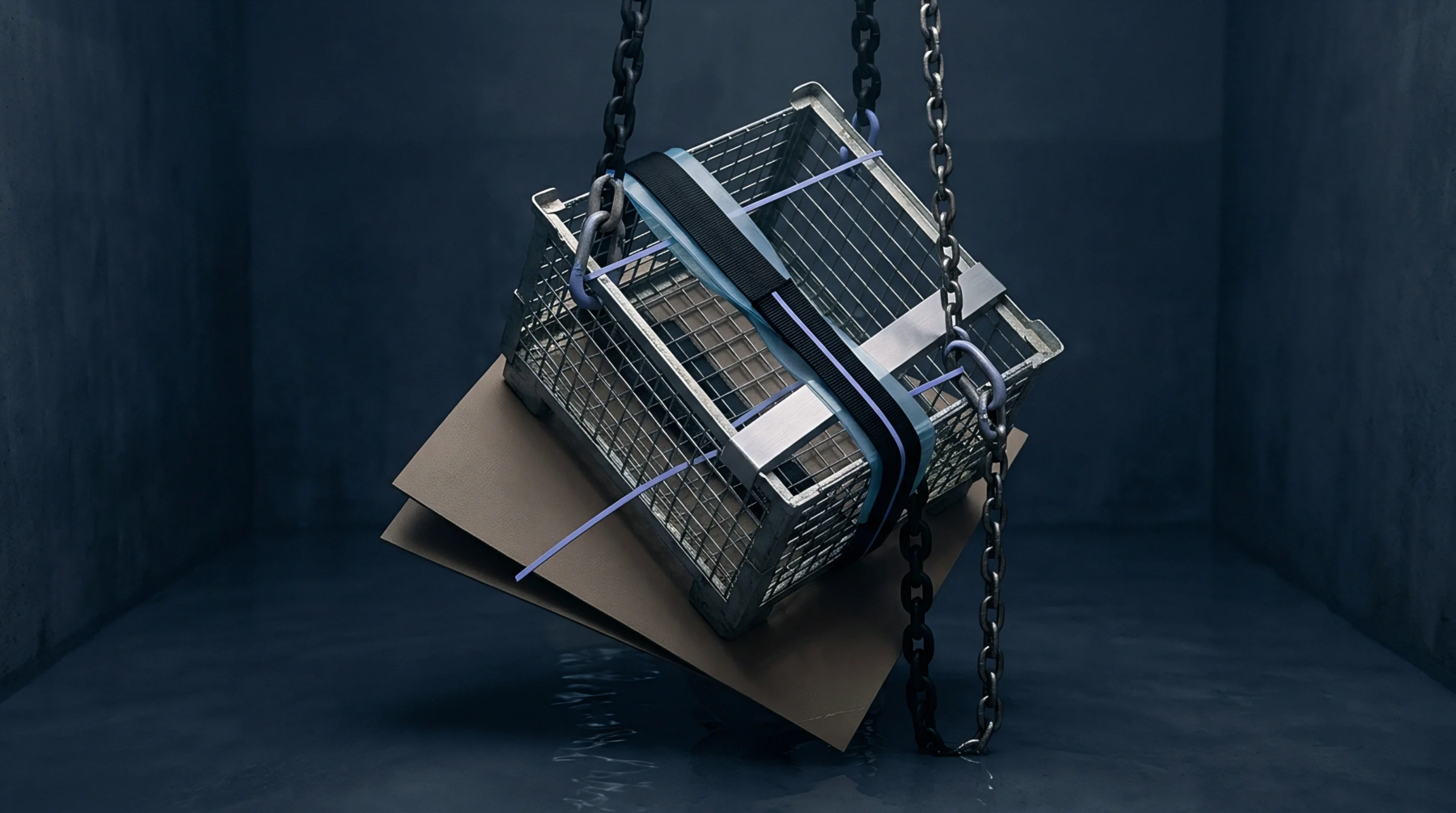 A steel wire mesh container hangs suspended by heavy chains over dark industrial water holding large flat composite sheets.