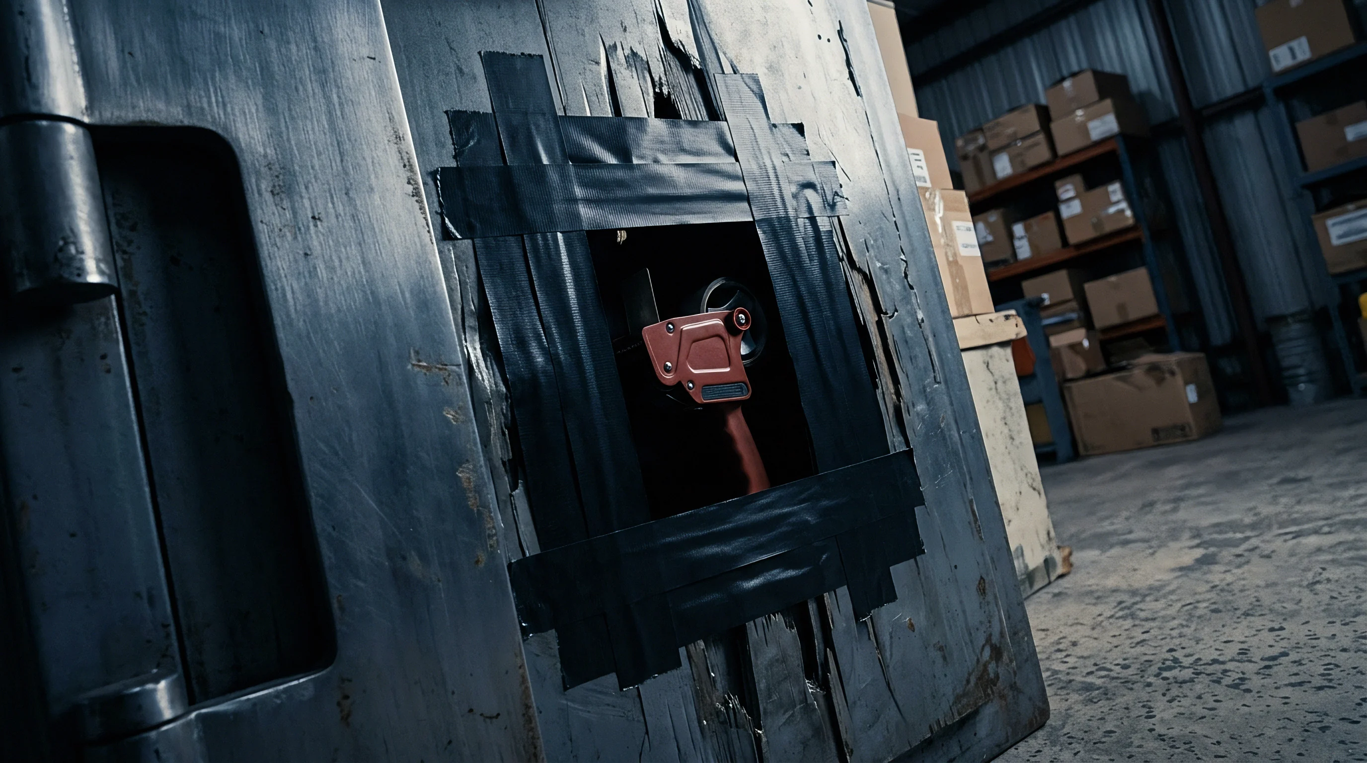 Heavy steel industrial infrastructure features a makeshift adhesive tape patch surrounding an open aperture with a red tape dispenser inside a warehouse.