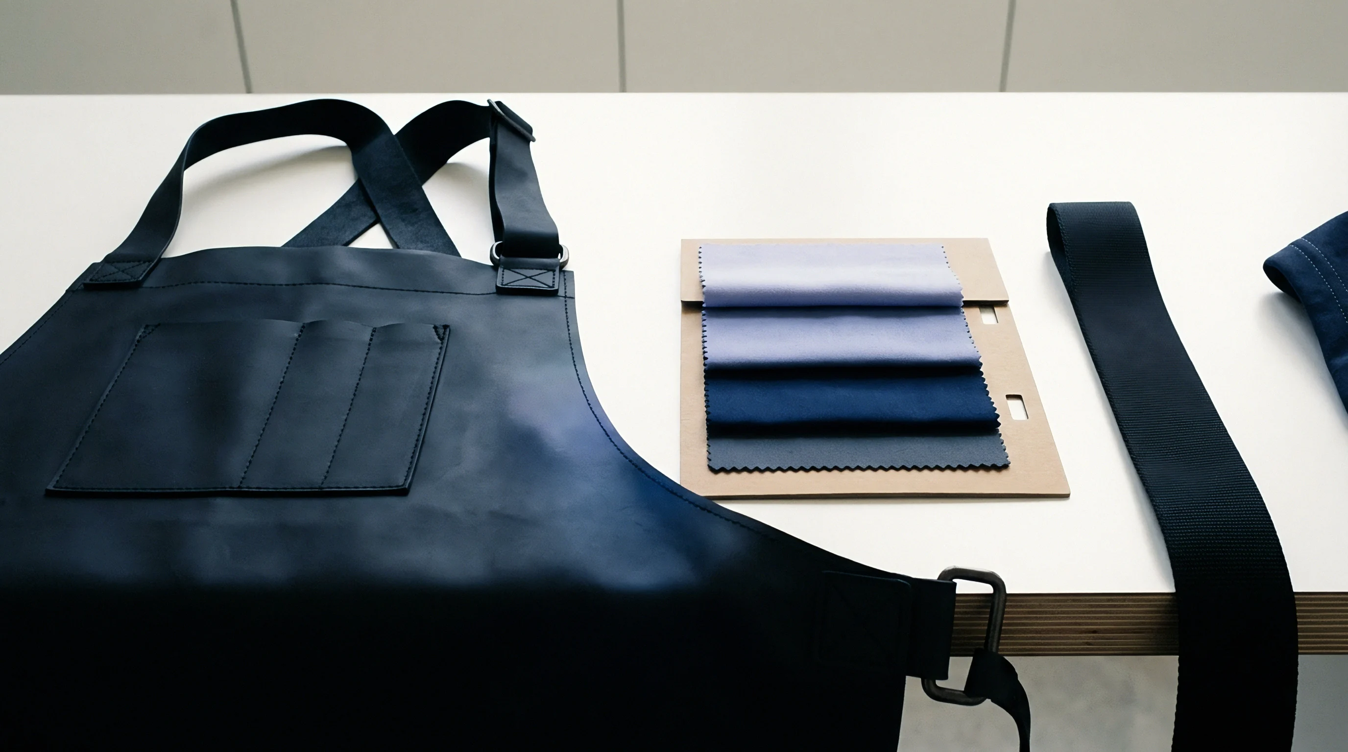 A reinforced workshop apron rests beside graduated fabric swatches and additional textile components on a flat industrial workstation surface.