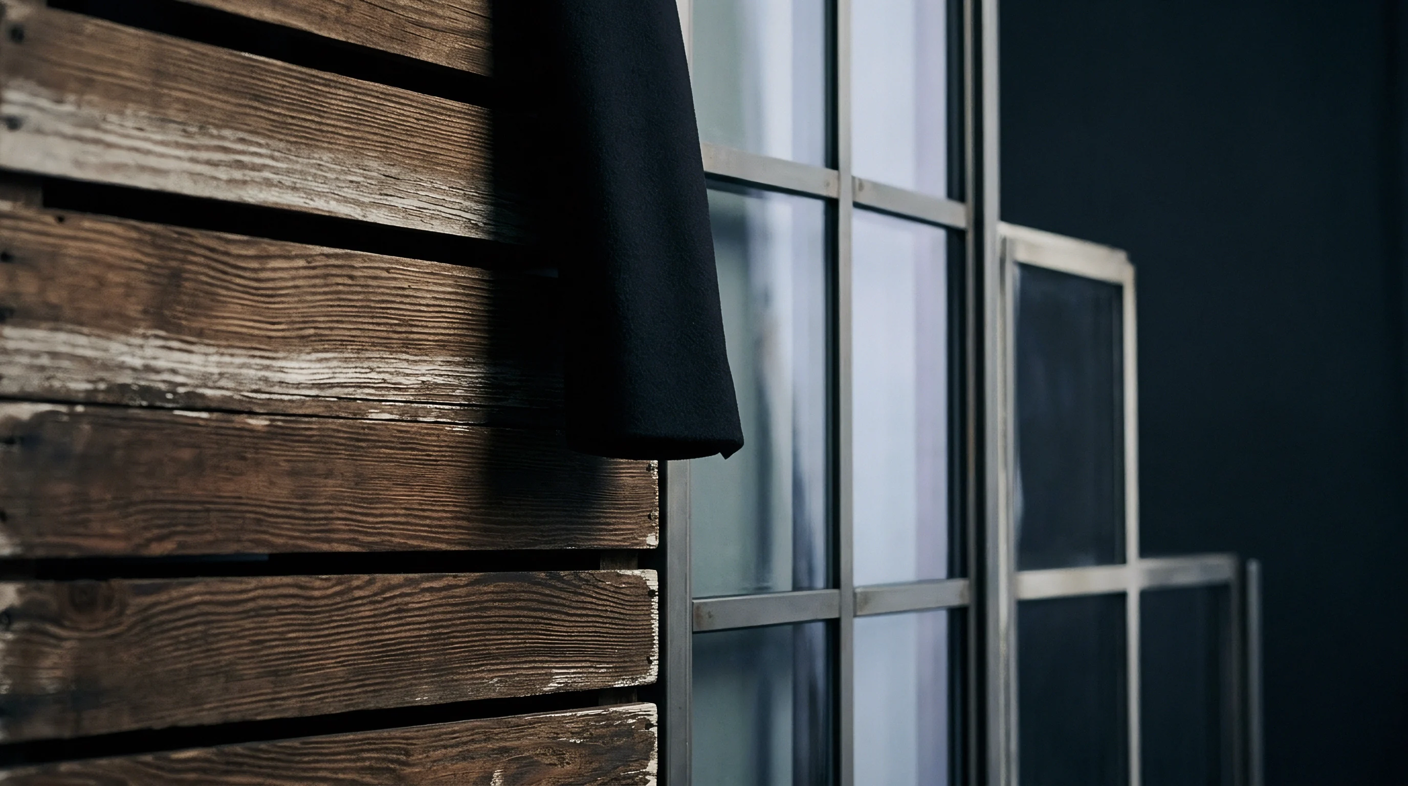 Aged horizontal wooden panels and a dark fabric element meet steel-framed windows looking onto a dimly lit industrial interior.