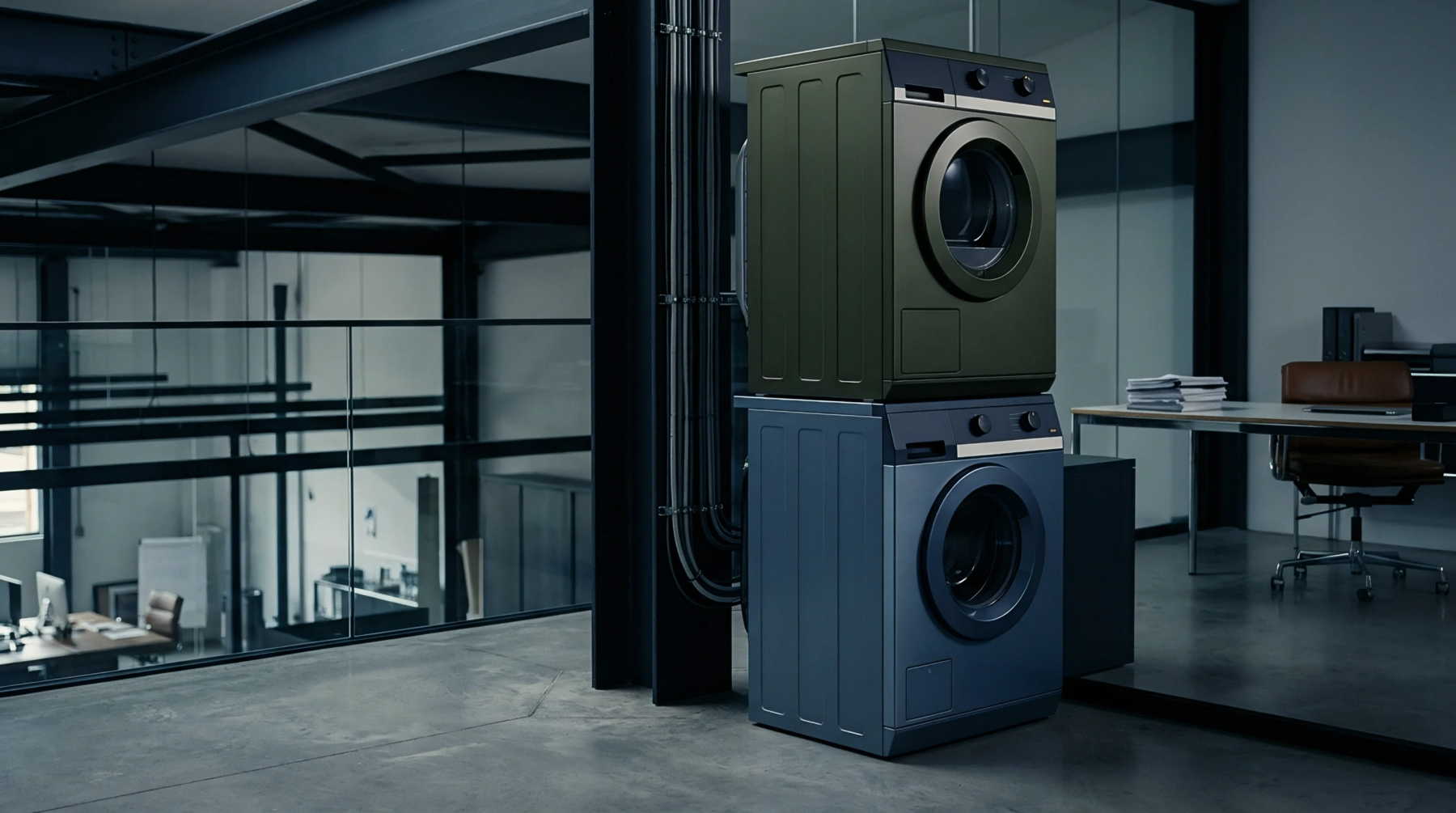 A digital render shows two vertical stacked metallic appliance units positioned beside steel structural columns inside an open industrial loft office.