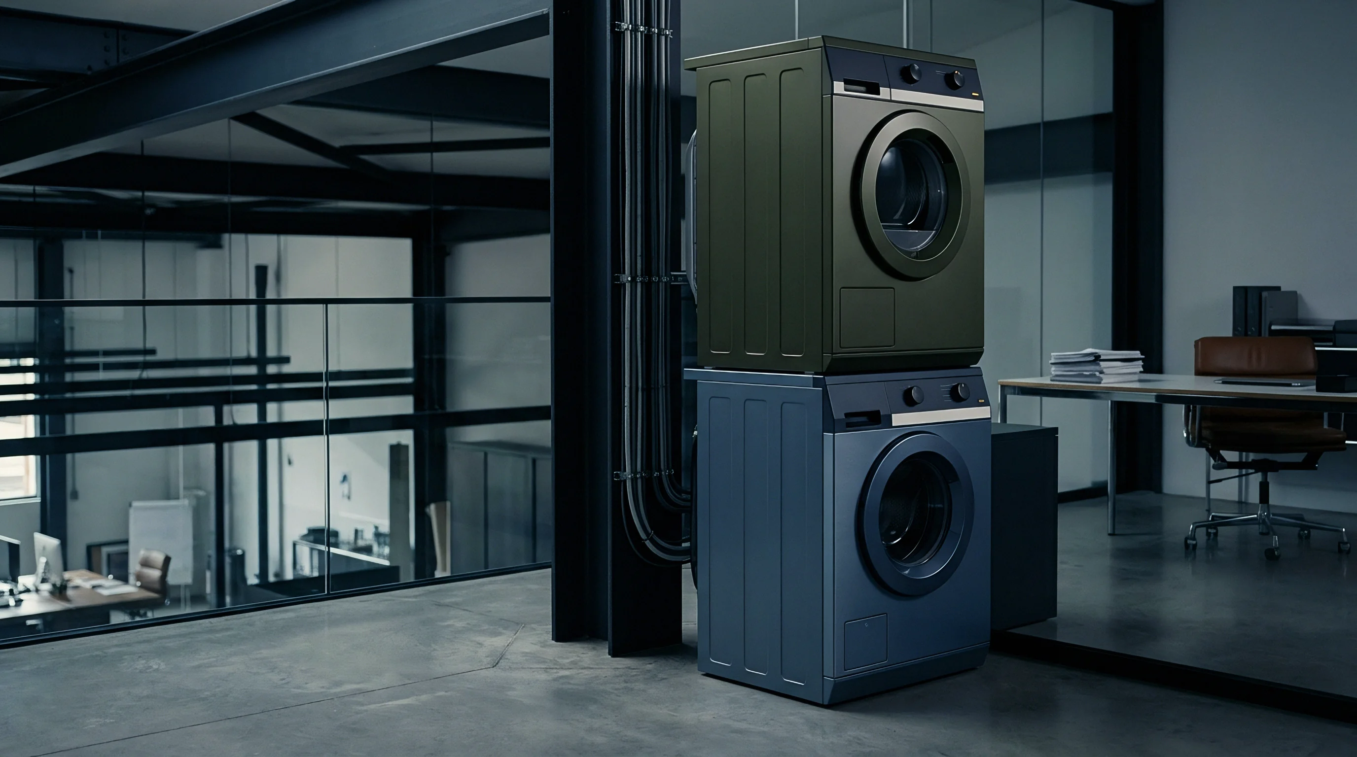 A digital render shows two vertical stacked metallic appliance units positioned beside steel structural columns inside an open industrial loft office.